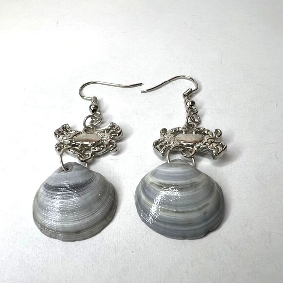 Dangle Earrings Genuine Handcrafted Seashell Crab Shades of Blue Gray Coastal - Picture 2 of 10